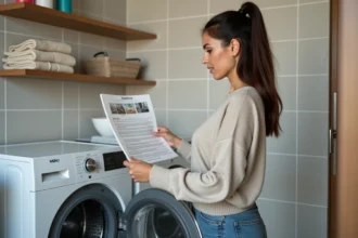 Femme examinant le panneau de contrôle d'une machine à laver