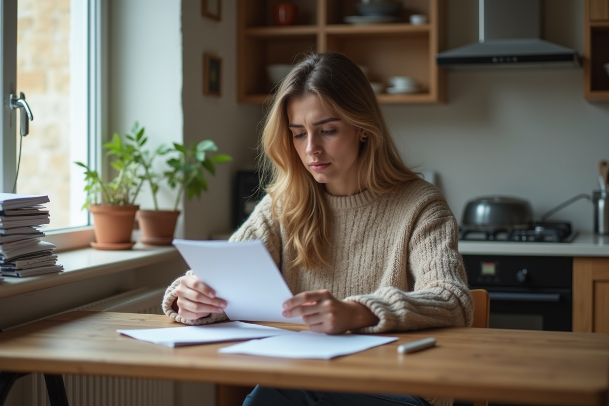 Jeune femme lisant une lettre dans sa cuisine modeste