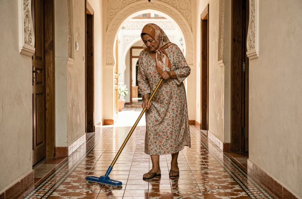 Femme de ménage mature en robe fleurie nettoyant le couloir carrelé d'une villa traditionnelle à Alger avec une serpillière