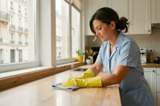Femme de ménage professionnelle nettoyant le plan de travail d'une cuisine moderne dans un appartement à Reims