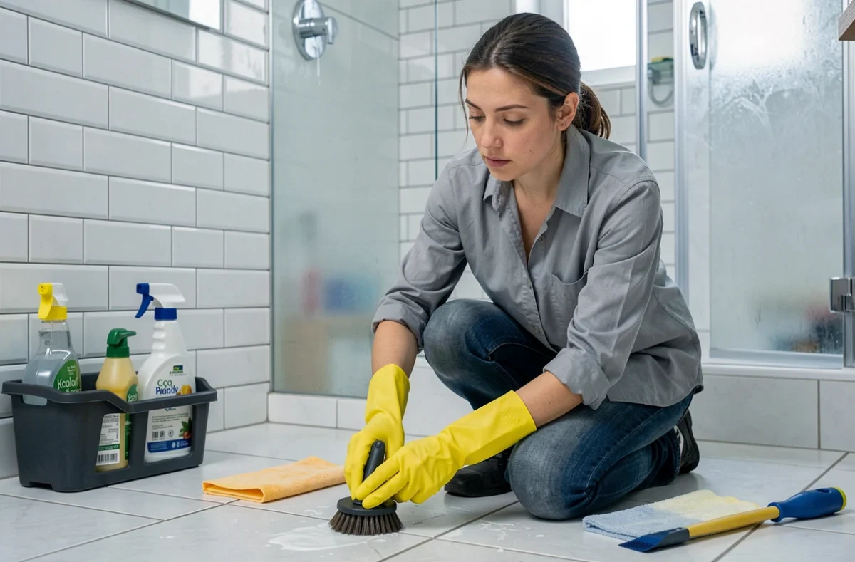 Femme de ménage professionnelle utilisant des outils ergonomiques pour nettoyer les joints carrelage d'une salle de bain moderne