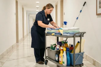 Femme de ménage professionnelle organisant son chariot de nettoyage avec matériel complet dans un couloir d'hôtel