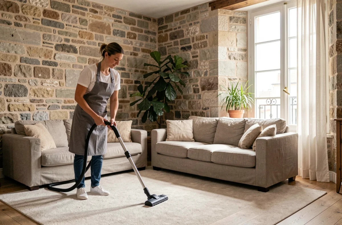 Femme de ménage passant l'aspirateur dans un salon avec mur en pierre apparente dans un appartement français