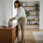 Femme élégante dans un salon moderne et lumineux