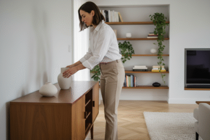 Femme élégante dans un salon moderne et lumineux