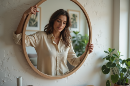 Femme suspendant un grand miroir dans un salon moderne