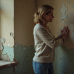 Femme examinant un mur humide et peint dégradé dans un appartement en mauvais état