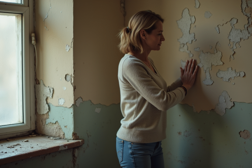 Femme examinant un mur humide et peint dégradé dans un appartement en mauvais état
