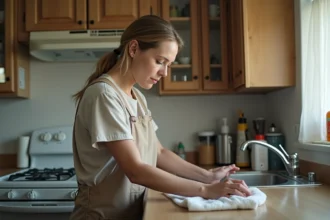 Femme d'âge moyen nettoyant la cuisine dans un appartement modeste