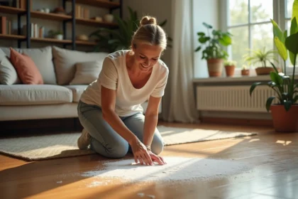 Femme en tenue décontractée saupoudrant du bicarbonate sur un sol en bois