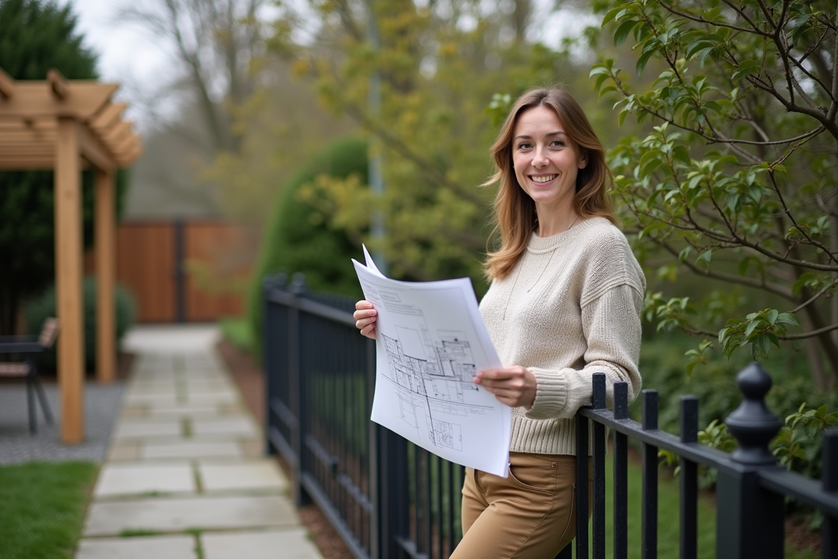Femme souriante examinant plans pour pergola dans jardin