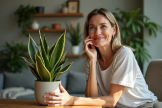 Femme souriante touchant une plante snake dans un salon lumineux