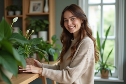 Femme souriante avec plantes vertes dans son salon lumineux