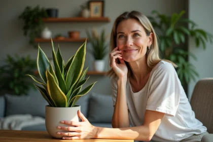 Femme souriante touchant une plante snake dans un salon lumineux