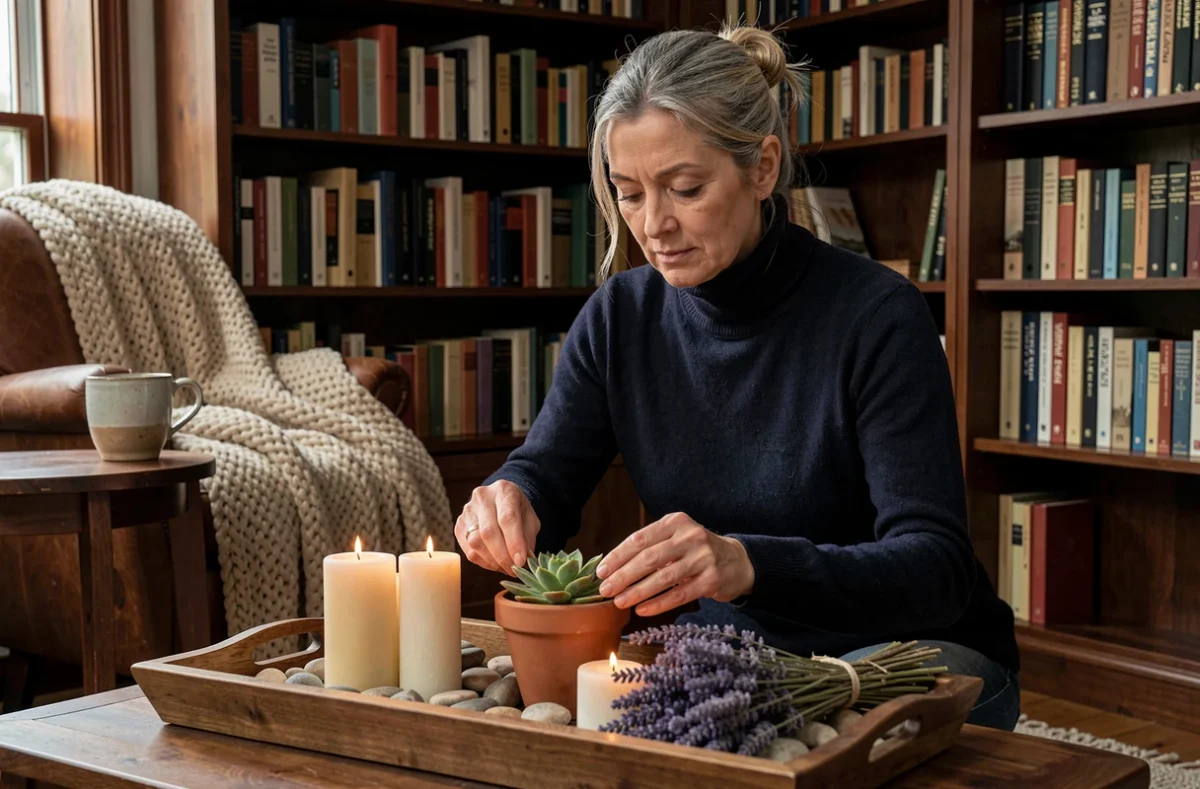 Femme mature composant un plateau décoratif hygge avec bougies et éléments naturels dans un coin lecture chaleureux et intimiste