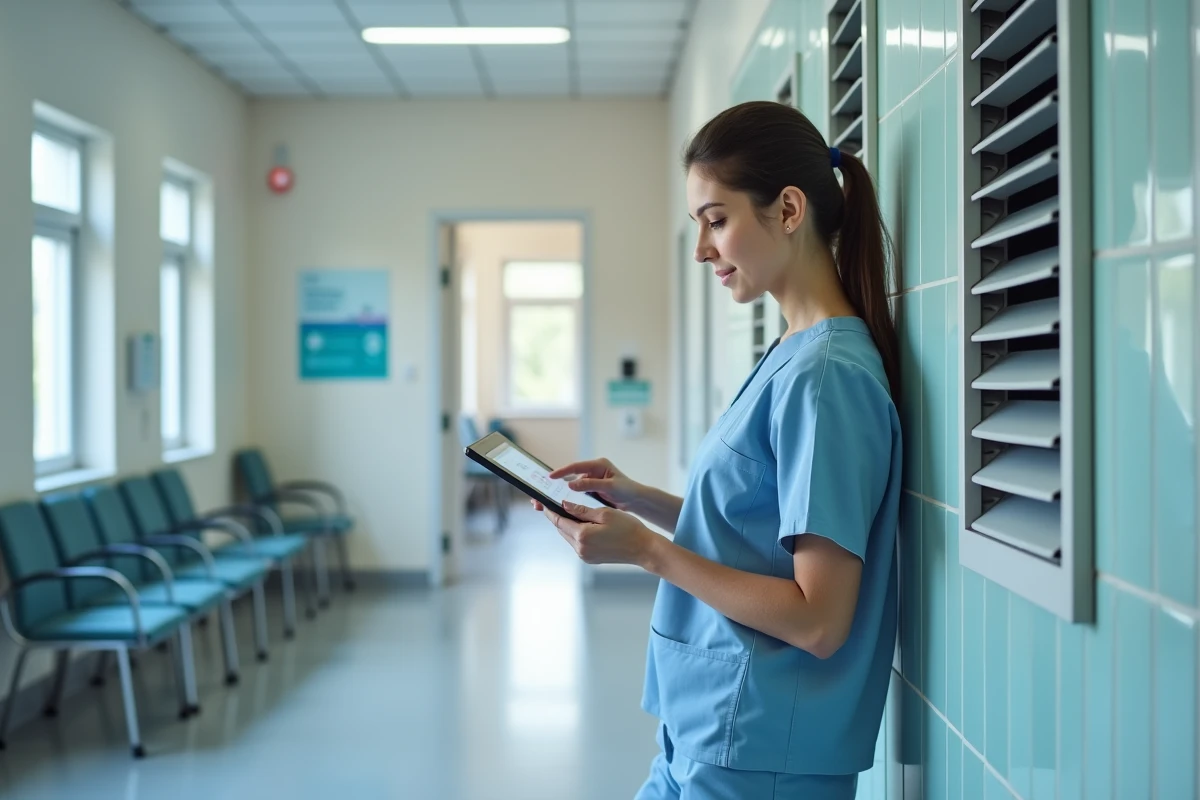 Jeune femme vérifiant la qualité de l air dans un couloir d hopital