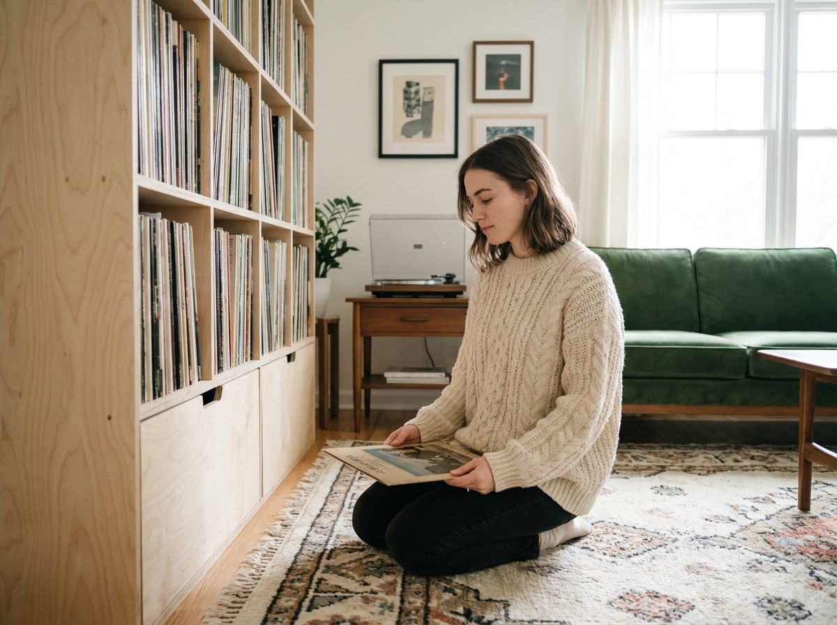 Jeune femme feuilletant des disques vinyles devant un grand meuble de rangement en bouleau dans un salon au style mid-century