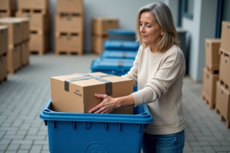 Femme organisée triant des cartons dans un centre de recyclage