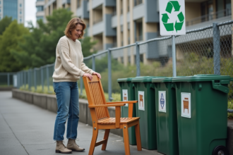 Femme en jeans déposant un meuble dans un centre de recyclage urbain