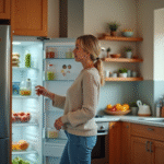 Femme d'âge moyen examinant un réfrigérateur moderne dans la cuisine