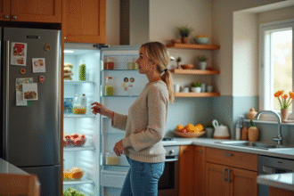 Femme d'âge moyen examinant un réfrigérateur moderne dans la cuisine