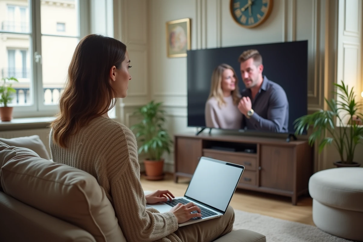 Femme regardant la télé dans un appartement parisien