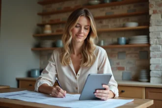Femme en blouse et jeans lors d'une rénovation de cuisine