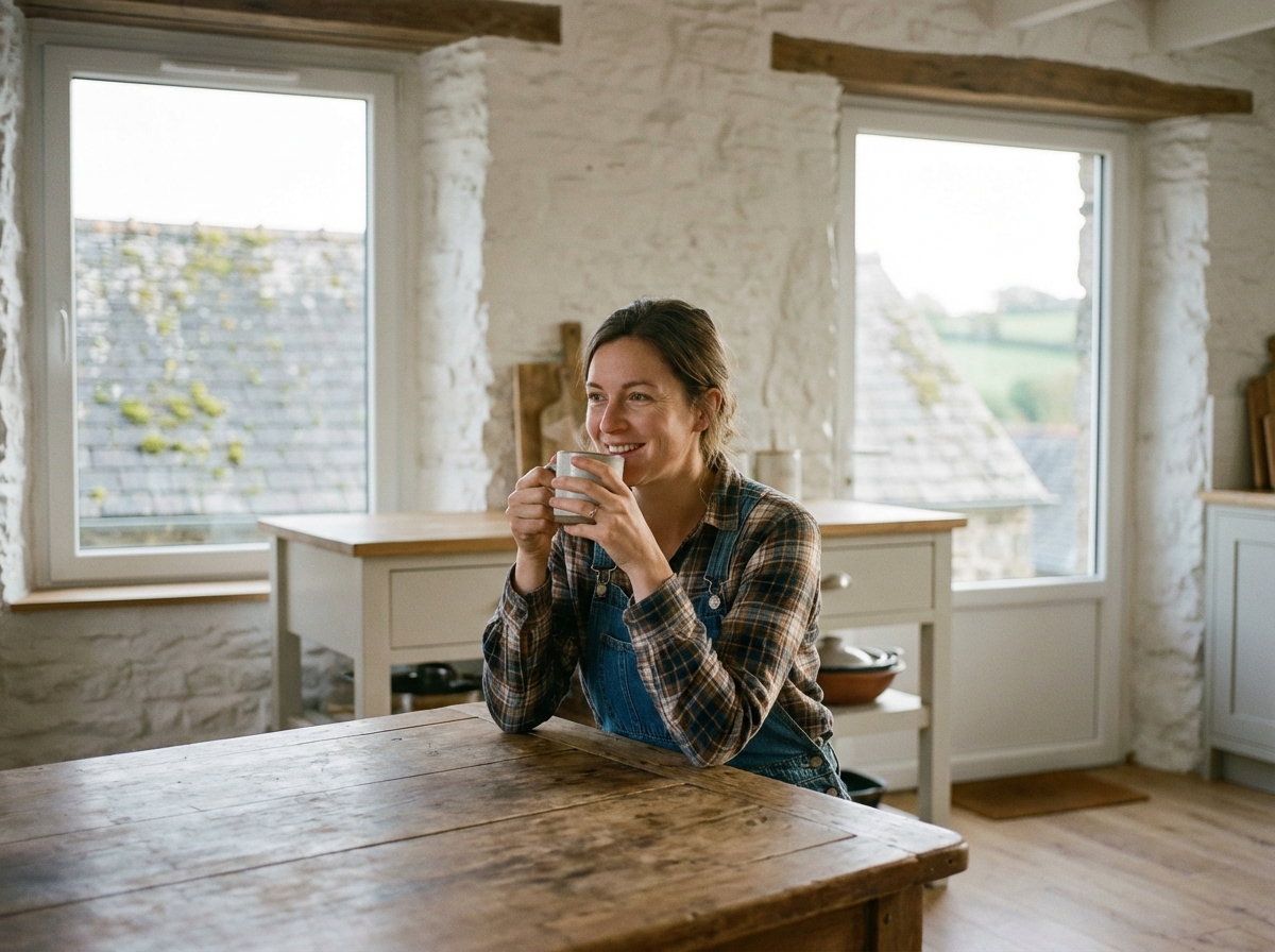 Femme souriante buvant du thé dans une cuisine moderne