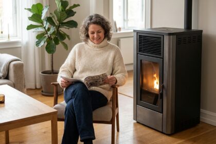 Femme détendue près d’un poêle à pellets moderne dans un salon élégant