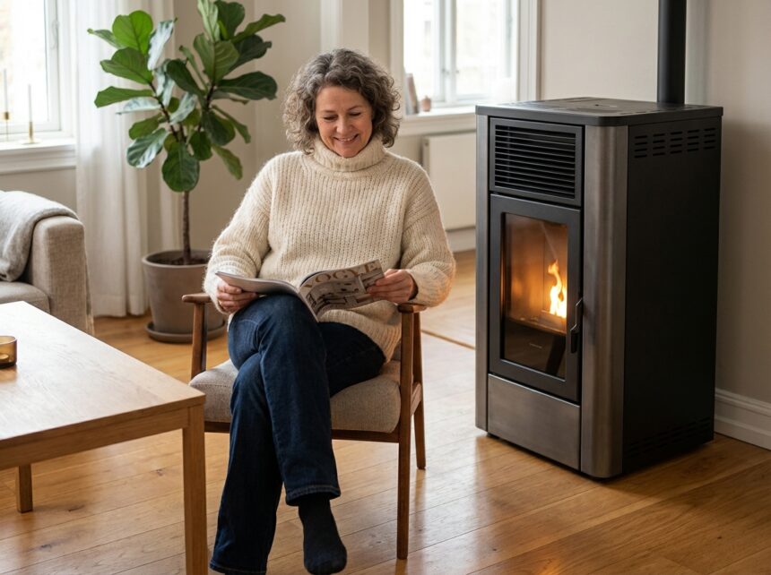Femme détendue près d’un poêle à pellets moderne dans un salon élégant