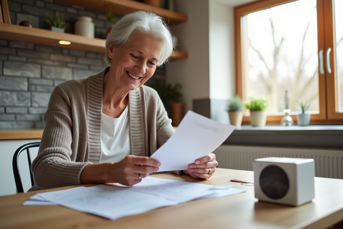 Seniore souriante vérifiant ses factures de chauffage dans la cuisine