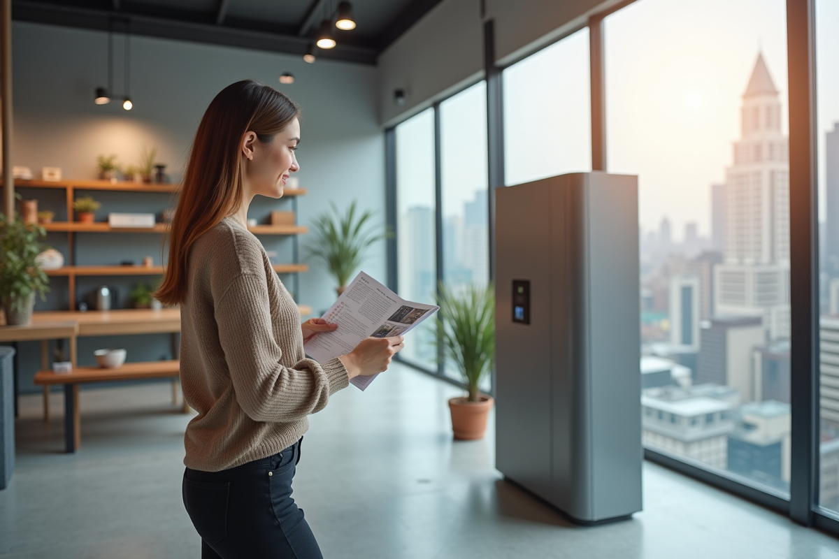 Femme observant un chauffe-eau solaire en showroom