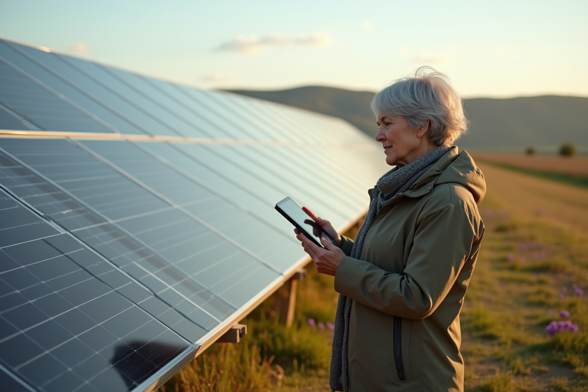 Femme âgée vérifiant des données sur une tablette près de panneaux solaires