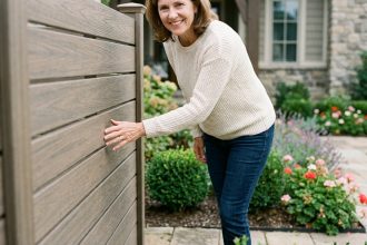 Femme souriante touchant une clôture en bois composite dans son jardin