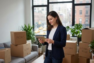 Jeune femme dans un appartement urbain avec cartons