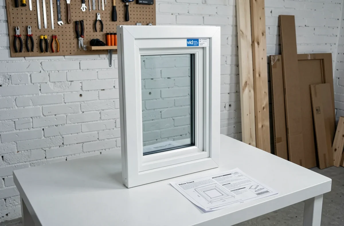 Fenêtre de toit Velux 55x78 déballée avec notice de dimensions dans un atelier de bricolage