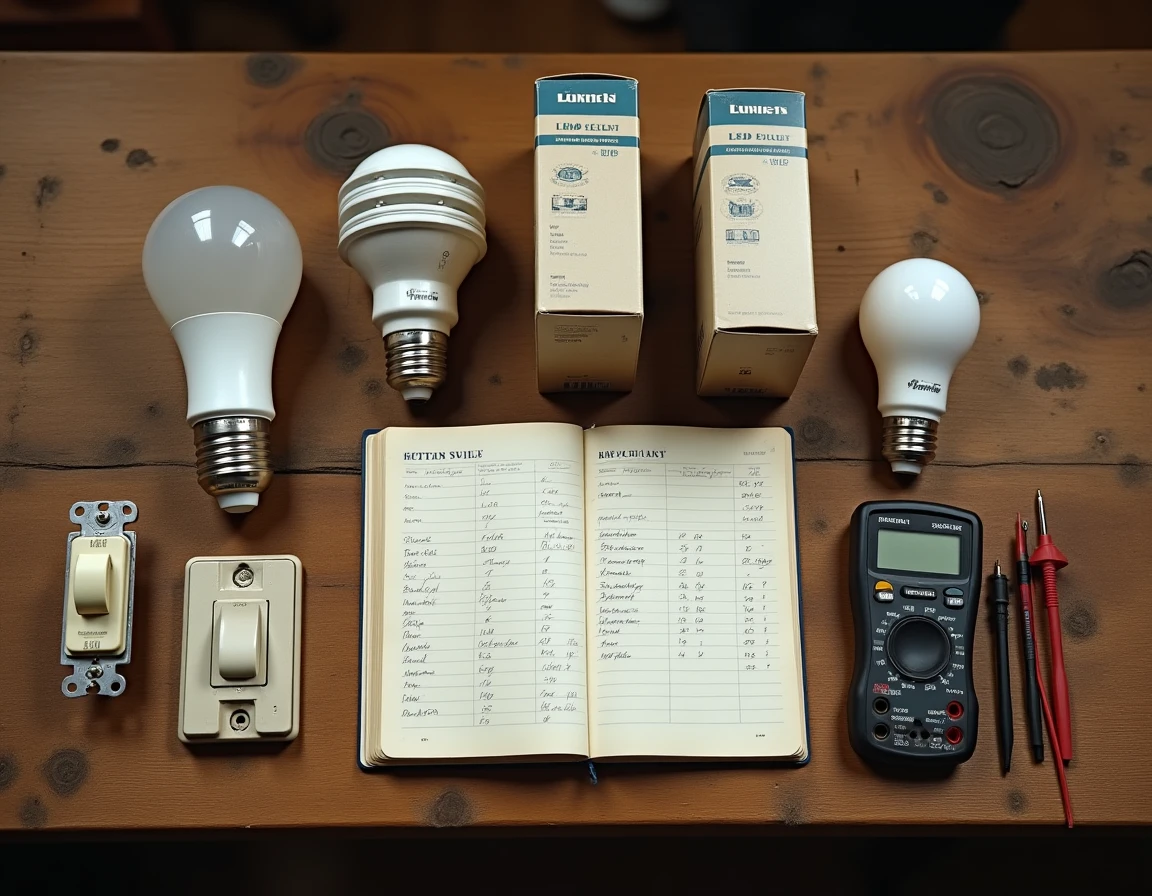 Vue à plat d'ampoules LED dimmables de différents watts, emballages avec valeurs en lumens, variateur et carnet de notes sur un établi en chêne