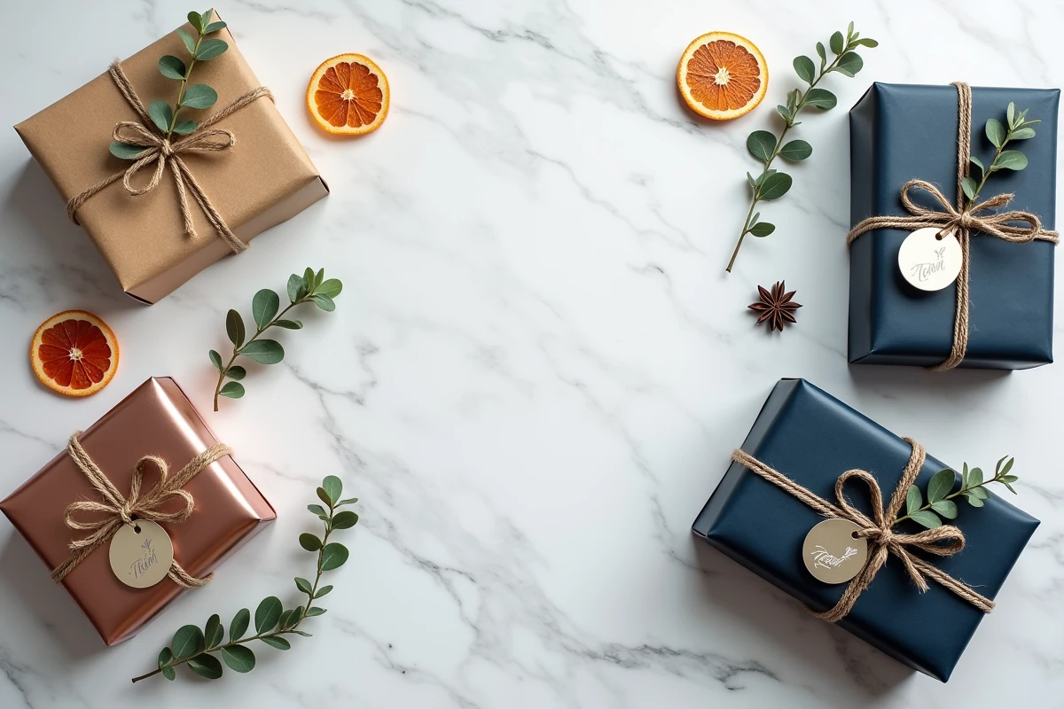 Vue de dessus de boîtes à cadeaux vides de Noël en finitions kraft, métal rose gold et marine mat sur marbre blanc avec décors naturels