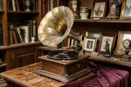 Gramophone ancien à pavillon en laiton posé sur une table en chêne dans une boutique d'antiquités