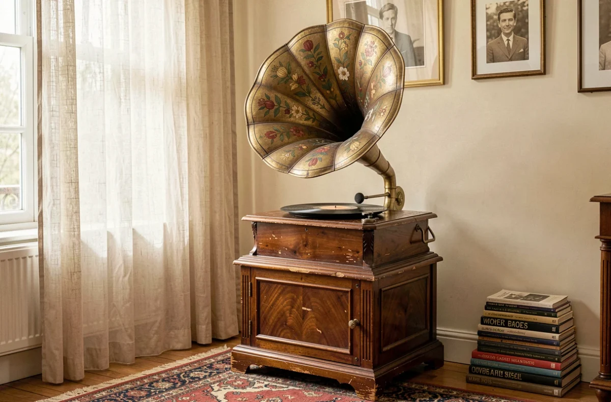 Gramophone ancien avec pavillon peint exposé dans un salon bourgeois avec disques 78 tours et décoration vintage