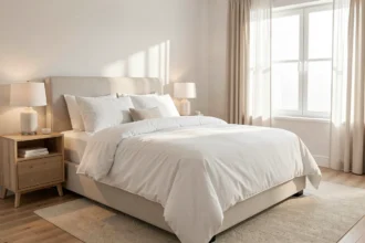 Grand lit double recouvert d'une couette blanche épaisse