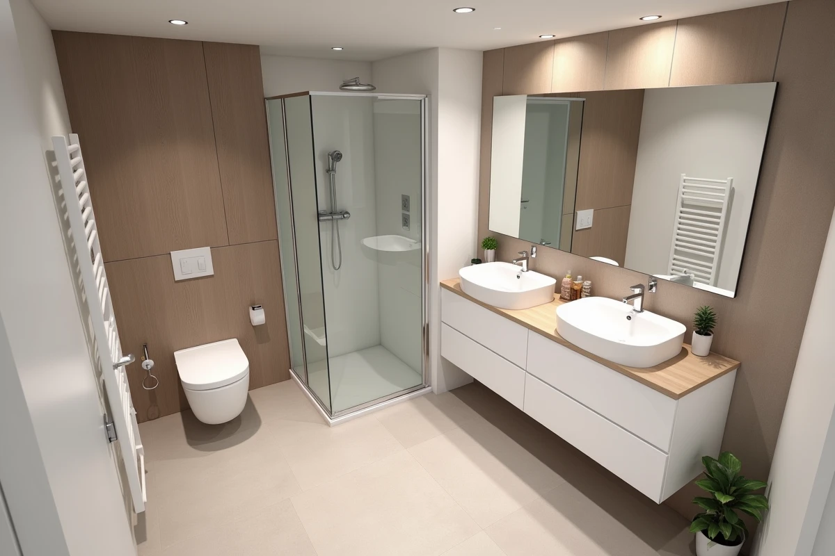 Grande salle de bain familiale de 6 m² vue du dessus montrant la disposition des équipements et les espaces de circulation entre douche, double vasque et toilettes