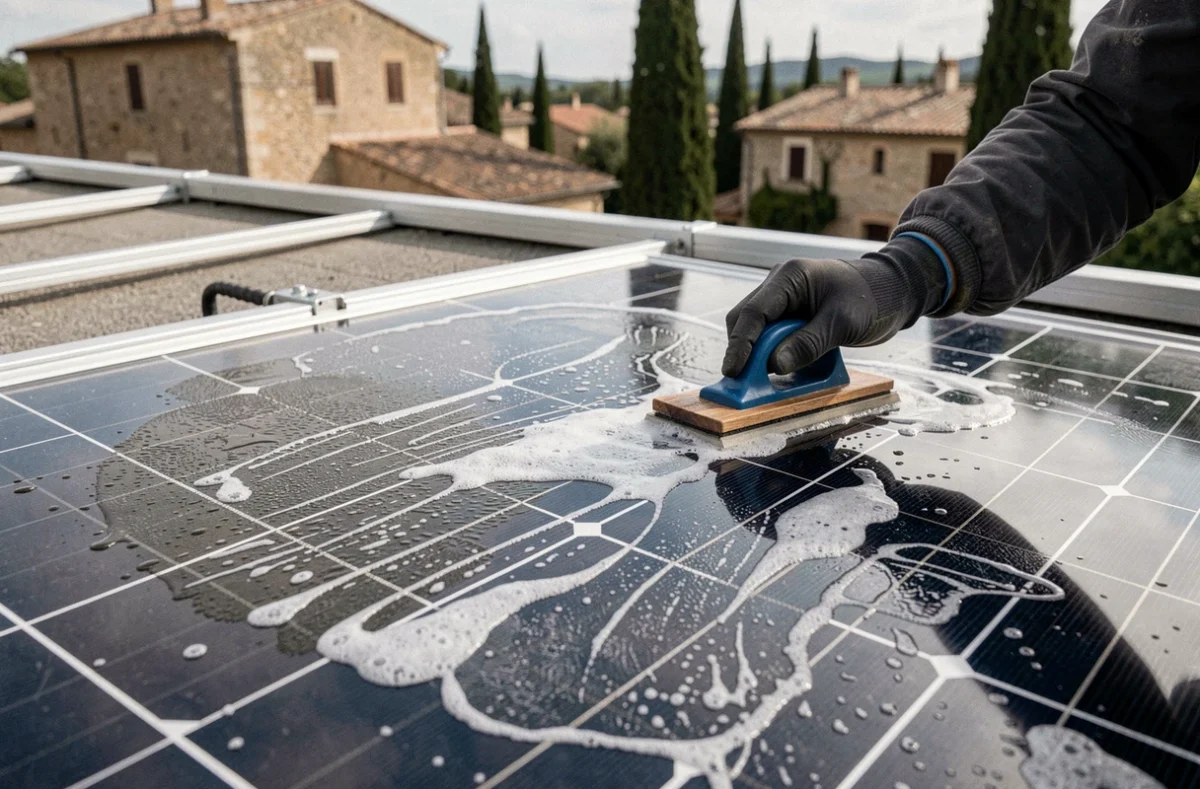 Gros plan sur le nettoyage d'un panneau solaire avec une raclette, montrant la surface sale et propre