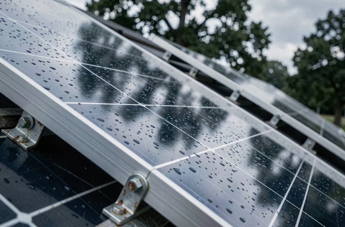 Gros plan sur la surface de panneaux solaires monocristallins avec gouttes de pluie après une averse