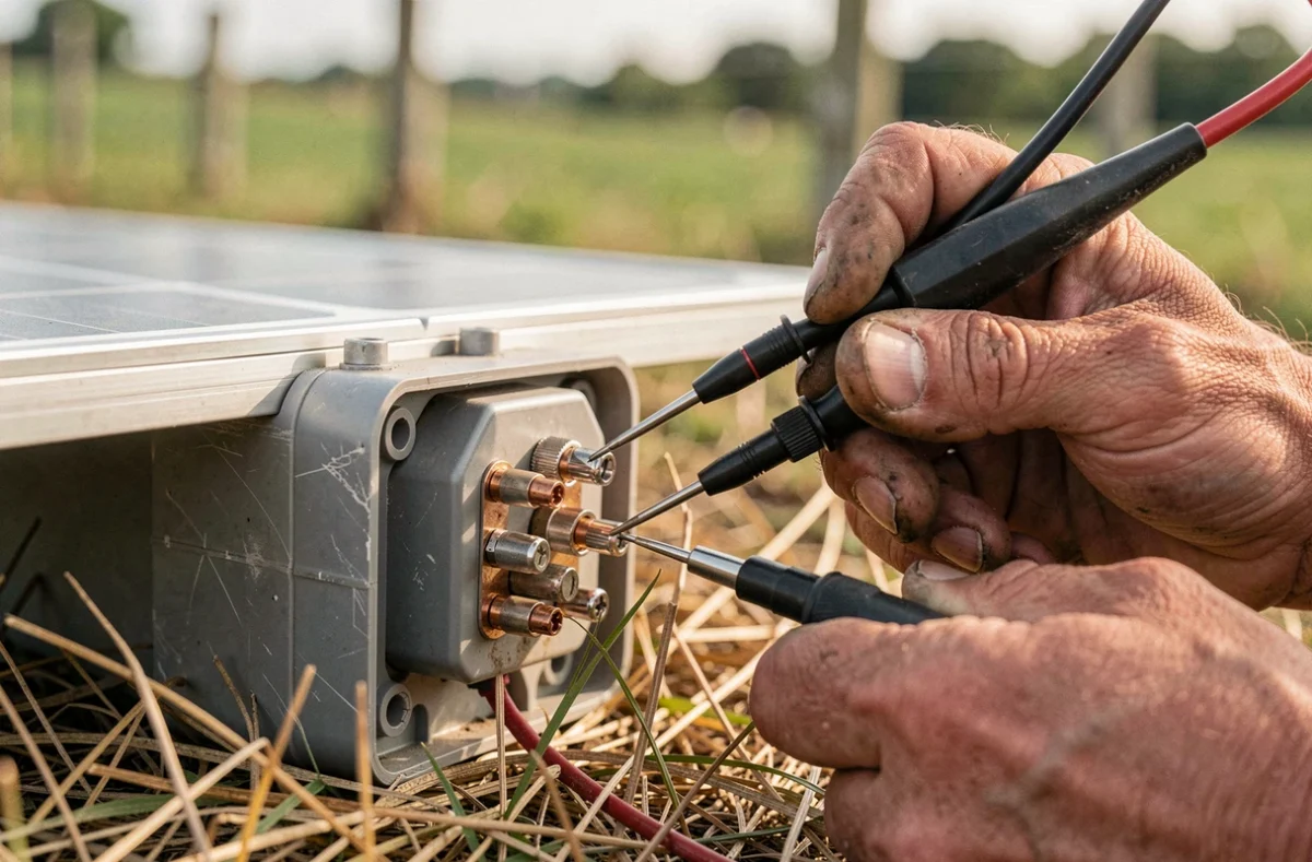 Gros plan sur les bornes de connexion d'un panneau solaire lors d'un test électrique