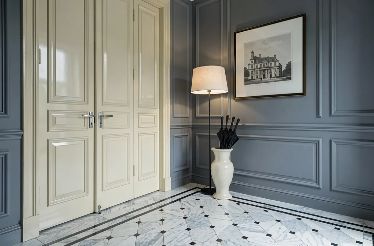 Hall d'entrée de maison bourgeoise avec carreaux de marbre noir et blanc, portes laquées blanc cassé et murs gris bleuté pour une atmosphère maison de maître