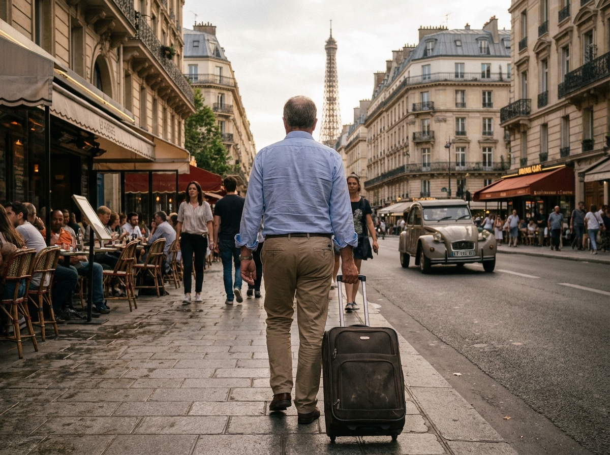 Homme tirant une valise sur un boulevard parisien