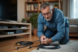 Homme moyen âge examine câbles coaxiaux dans le salon