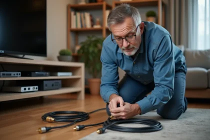 Homme moyen âge examine câbles coaxiaux dans le salon