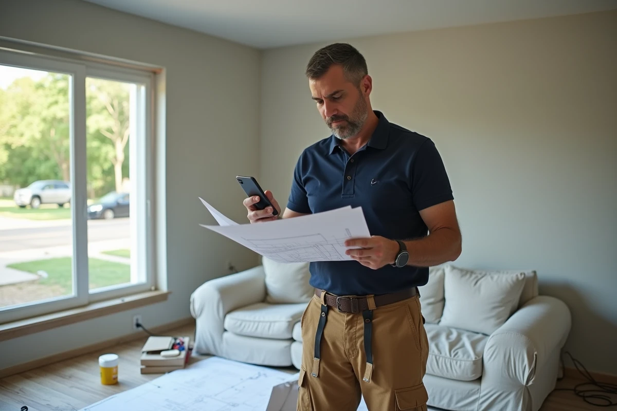 Homme en polo et pantalon de travail vérifiant plans de rénovation